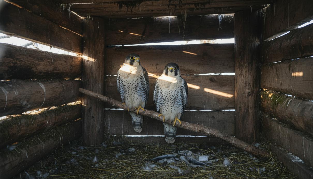Штраф в шесть миллионов: на Камчатке вынесли приговор ловцам кречетов Два сокола-кречета сидят внутри слабо освещенного бревенчатого деревянного укрытия.
