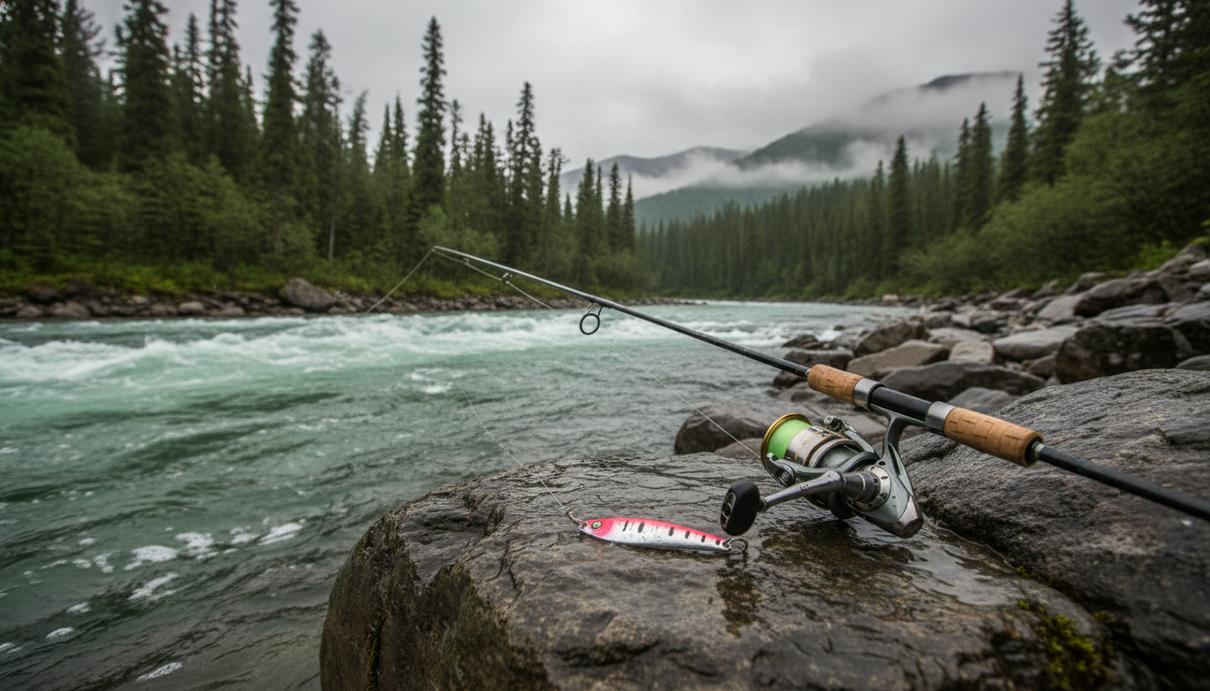 Спиннинг с искусственной приманкой лежит на мокрых камнях на берегу быстрой реки на фоне хвойного леса.