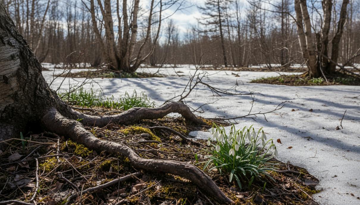 Весенний камчатский лес с тающим снегом и цветущими подснежниками на фоне старых деревьев и прошлогодней листвы.