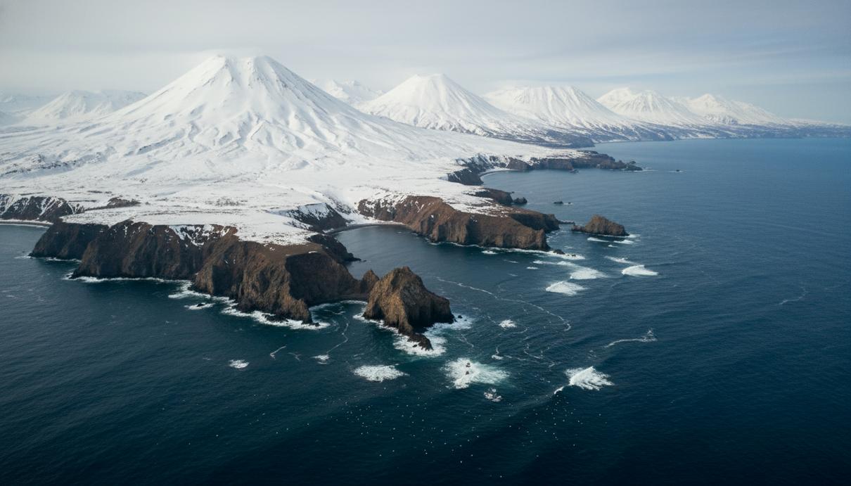 Заснеженные вулканы Камчатки на фоне побережья Тихого океана, скалистые берега, синяя вода и летящие морские птицы.