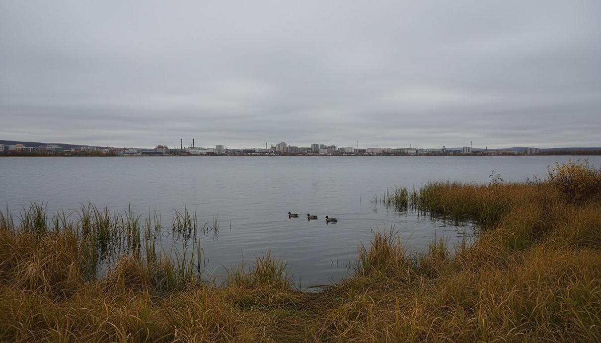 Экологи Камчатки: на Култучном озере сократилось число водоплавающих птиц Несколько уток на воде Култучного озера на фоне осеннего берега и силуэта Петропавловска-Камчатского.